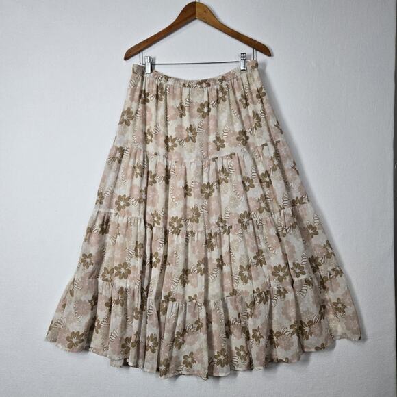 Aerie Tiered Maxi Skirt XL Ivory Beige Multi Floral Elastic Waist Tie Fairy Boho - Picture 6 of 12